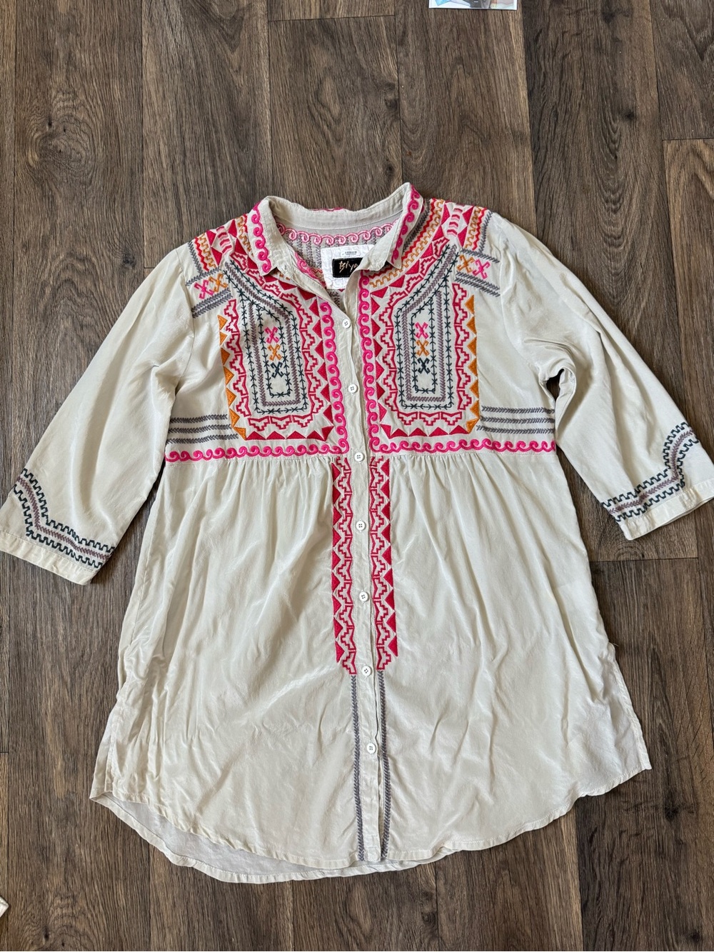 Johnny Was Biya Women’s S Boho Geometric Embroidered Silk Button Tunic Blouse